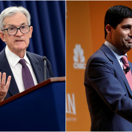 El presidente de la Reserva Federal (Fed), Jerome Powell (izq.), y el candidato de Donald Trump para sustituirlo, Kevin Warsh (der),