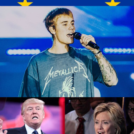 Fotomontaje de Justin Bieber, Donald Trump, Hillary Clinton y una ilustración del Brexit