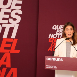 La presidenta del grup parlamentari dels Comuns, Jéssica Albiach, en la roda de premsa d'aquest dijous. 05/02/2026