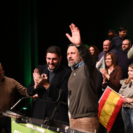 El presidente de Vox, Santiago Abascal (d) y el candidato de Vox a la presidencia de Aragón, Alejandro Nolasco (c), durante la clausura del acto de campaña, en Cuarte Forum, a 31 de enero de 2026, en Cuarte de Huerva, Zaragoza, Aragón (España).