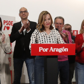 La candidata del PSOE a la Presidencia del Gobierno de Aragón, Pilar Alegría, durante la rueda de prensa en la sede regional del partido en Zaragoza