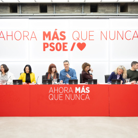 Imagen de la Ejecutiva Federal del PSOE celebrada en Ferraz este lunes tras las elecciones en Aragón.