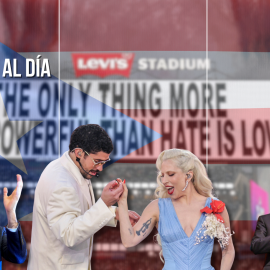 Fotomontaje con imágenes de Jorge Azcón, Bad Bunny, Lady Gaga y António José Seguro.