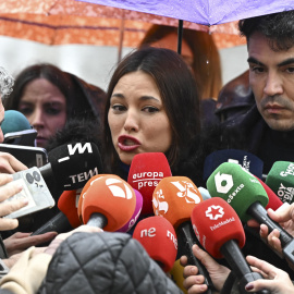 La actriz Elisa Mouliáa realiza declaraciones a la prensa este martes a las puertas de los Juzgados de Plaza de Castilla de Madrid.