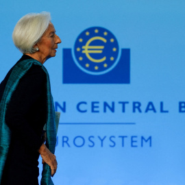 La presidenta del BCE, Christine Lagarde, tras una conferencia de prensa en la sede de la entidad, en Fráncfort.