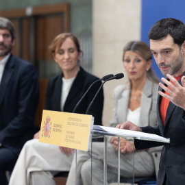 Los ministros de Sumar durante una rueda de prensa en el Ministerio de Trabajo.