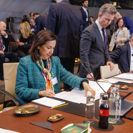 Margarita Robles, este jueves en la reunión en Bruselas de los ministros de Defensa de la OTAN.