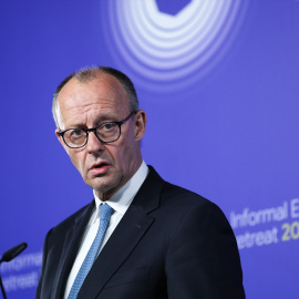 El canciller alemán, Friedrich Merz, durante una rueda de prensa tras la reunión informal de líderes de la UE.