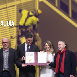 Fotomontaje con imágenes de Unai Sordo, Pedro Sánchez, Yolanda Díaz y Pepe Álvarez.