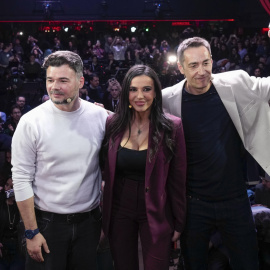 Gabriel Rufián, Sarah Santaolalla y Emilio Delgado en el acto de este miércoles en la sala Galileo Galilei, en Madrid.
