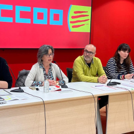La roda de premsa en què CCOO ha presentat un informe per denunciar l'infrafinançament del sistema universitari català. 24/02/2026