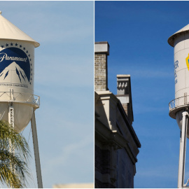 Los logos de Paramount y de Warner en sus estudios en Hollywood.
