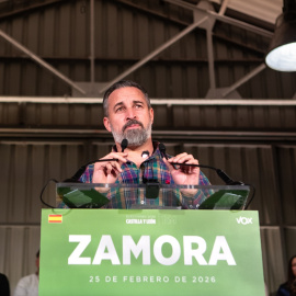 El presidente de VOX, Santiago Abascal, interviene en un acto previo a la campaña del 15M, a 25 de febrero de 2026, en Zamora, Castilla y León (España).