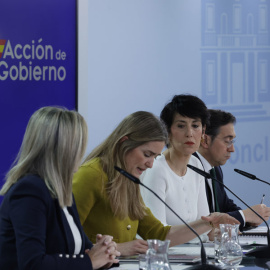 Milagros Tolón, Sara Aagesen, Elma Saiz y José Manuel Albares, en la rueda de prensa posterior a la reunión del Consejo de Ministros, este martes, en Madrid.