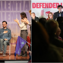Miguel Ángel Llamas, candidato de Podemos-Alianza Verde, y Juan Gascón, representante de IU-Sumar-Partido Verde, en sus respectivos actos de cierre de campaña.