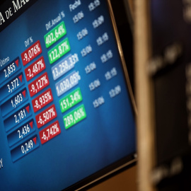 Valores .del Ibex 35 en el Palacio de la Bolsa de Madrid.