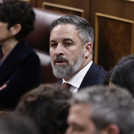 El líder de VOX, Santiago Abascal durante el pleno del Congreso, este miércoles. EFE/ Sergio Perez