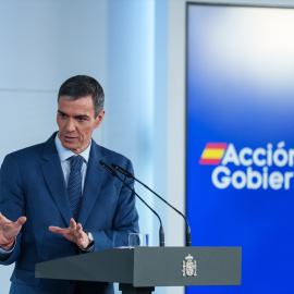 El presidente del Gobierno, Pedro Sánchez, durante una rueda de prensa posterior al Consejo de Ministros extraordinario, en el Palacio de la Moncloa, a 20 de marzo de 2026