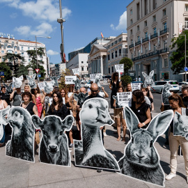 Protesta para exigir el fin de las jaulas en la cría de animales de granja en Madrid.