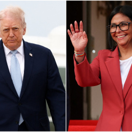 A la izda. el presidente de EEUU, Donald Trump, y a la dcha. la presidenta interina de Venezuela, Delcy Rodríguez.