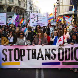 Una manifestación para denunciar los ataques a la comunidad trans, desde la Plaza Pedro Zerolo hasta la Plaza de Callao, a 29 de marzo de 2025, en Madrid.