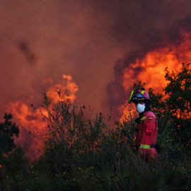 Varios servicios de emergencia tratan de apagar el fuego en Anllarinos del Sil, León.