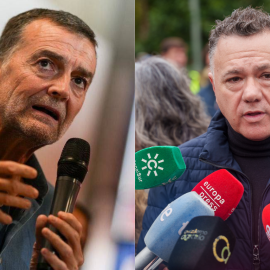 El coordinador federal de IU y candidato de Por Andalucía, Antonio Maíllo, y el hasta ahora cabeza de lista de Podemos a la Junta, Juan Antonio Delgado.