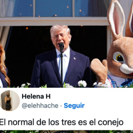 Donald Trump y Melania Trump acompañados de un conejo de Pascua disfrazado.