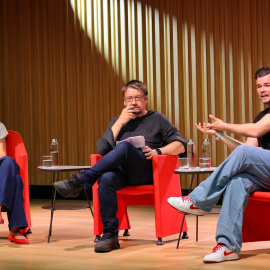 Irene Montero, Xavier Domènech y Gabriel Rufián en el acto celebrado en Barcelona para debatir sobre el futuro de las izquierdas.