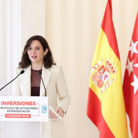 La presidenta de la Comunidad de Madrid, Isabel Díaz Ayuso, ofrece declaraciones a los medios tras firmar un protocolo general de actuación para la promoción de proyectos en el Colmenar Viejo, en la Real Casa de Correos, a 10 de abril de 2026, en Madrid (