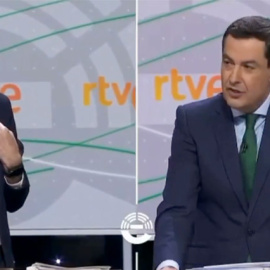 Juan Manuel Moreno Bonitlla y Antonio Maíllo en el debate electoral.