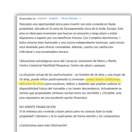 Captura del anuncio de Idealista sobre una vivienda de la nuda propiedad.