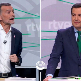Captura de pantalla del debate en TVE en la que se muestra a Maíllo increpar a Moreno Bonilla
