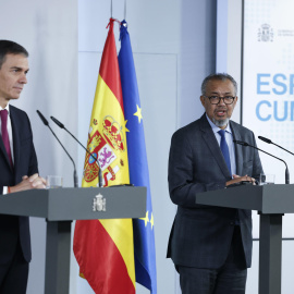 El presidente del Gobierno, Pedro Sánchez, y el director general de la Organización Mundial de la Salud, Tedros Adhanom, durante la rueda de prensa que han ofrecido tras la reunión mantenida este martes en el Palacio de la Moncloa