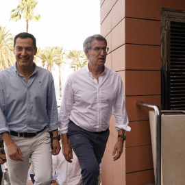 El presidente del PP, Alberto Núñez Feijóo, junto al presidente de la Junta de Andalucía, Juanma Moreno.