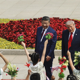 El presidente de EEUU Donald Trump en la ceremonia de bienvenida con el presidente Xi Jinping.