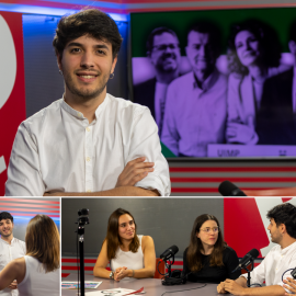Fotomontaje de algunos miembros del equipo de vídeo y de política de 'Público' en el estudio de la redacción