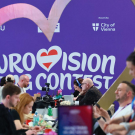 El logo de Eurovision en la sala de prensa.
