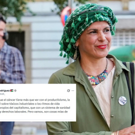 Fotomontaje con un tuit de Teresa Rodríguez en el que habla de los factores que influyen en tener cáncer.
