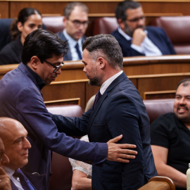 El portavoz de Comuns, Gardo Pisarello, y el portavoz de ERC, Gabriel Rufián, se saludan en el hemiciclo del Congreso.