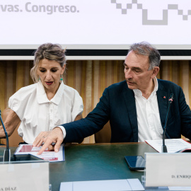 Imagen de archivo de la vicepresidenta segunda y ministra de Trabajo y Economía Social, Yolanda Díaz, y el diputado de Sumar Enrique Santiago, en el Congreso.
