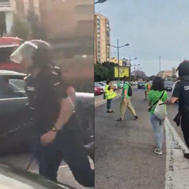 Captura de los vídeos compartidos en redes sociales donde aparece un agente de policía tirando a una manifestante al suelo en València.