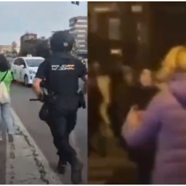 De izqda. a dcha.: la represión policial a una profesora jubilada y Esperanza Aguirre cortando la vía pública.