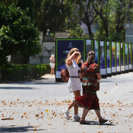 Turistas se protegen del calor por las calles de Sevilla. A 27 de mayo de 2026 en Sevilla, Andalucía (España).