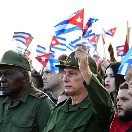 El presidente de Cuba, Miguel Díaz-Canel, en una manifestación anti-imperialista en la Habana.