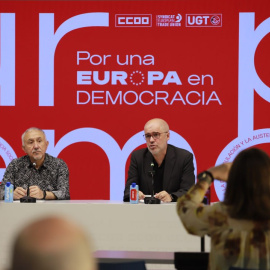 Rueda de prensa de Unai Sordo y Pepe Álvarez sobre la movilización sindical europea que se celebra este jueves en el Palacio Vistalegre.