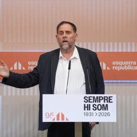 El líder de ERC, Oriol Junqueras, durante una rueda de prensa, en la sede de ERC, a 19 de mayo de 2026, en Barcelona, Catalunya (España).