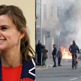 Fotografía a Jo Cox (izquierda) e imagen de los ataques racistas en Belfast (derecha).