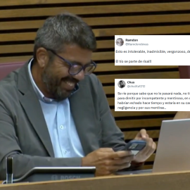 El expresident Carlos Mazón riéndose en Les Corts después de que Baldoví le recordara los mensajes de la dana.