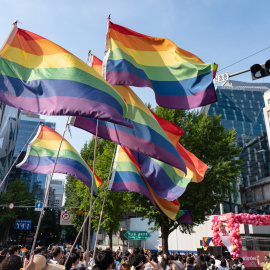 Pride flags are seen during the Seoul Queer Parade in Seoul downtown. The 27th Seoul Queer Parade (SQP) was held in Seoul, South Korea..It is a public cultural event held downtown every year to promote LGBTQIA+ visibility, human rights, cultural enjoyment